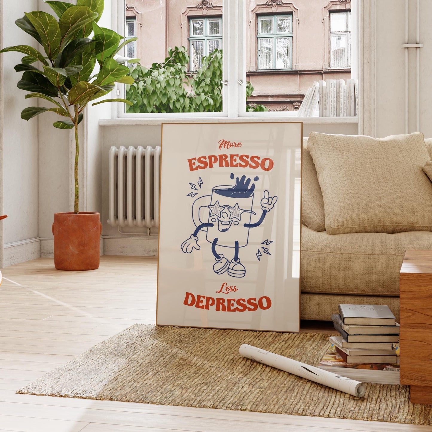 Retro Coffee Print: More Espresso Less Depresso, Trendy Wall Art (Digital Download)
