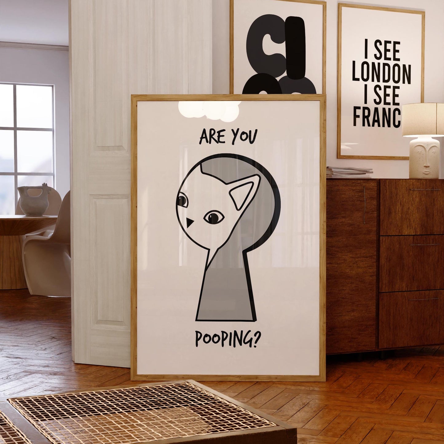 Funny Cat Bathroom Print: 'Are You Pooping?' Art Deco Poster (Digital Download)