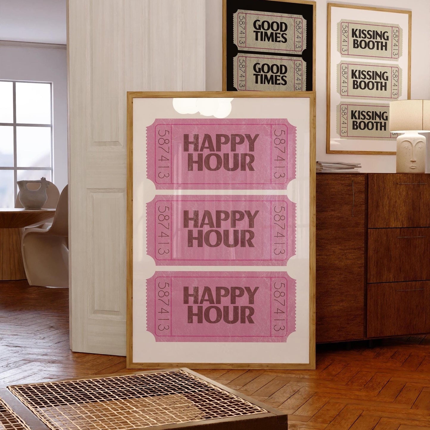 Retro Happy Hour Ticket Print: Girly Bar Cart Decor (Digital Download)