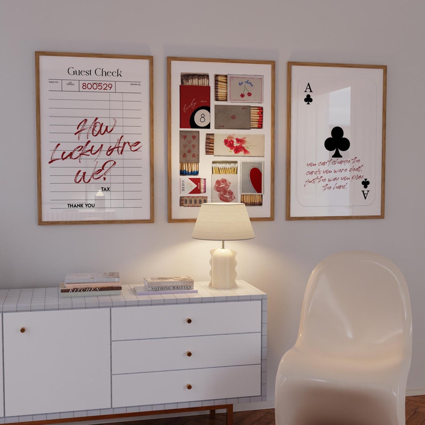 Minimalist Black & Red Poster Set: Vintage Matchbox, Guest Check, Playing Card Prints (Digital Download)