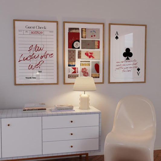 Minimalist Black & Red Poster Set: Vintage Matchbox, Guest Check, Playing Card Prints (Digital Download)