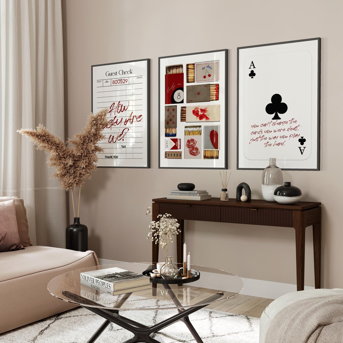 Minimalist Black & Red Poster Set: Vintage Matchbox, Guest Check, Playing Card Prints (Digital Download)