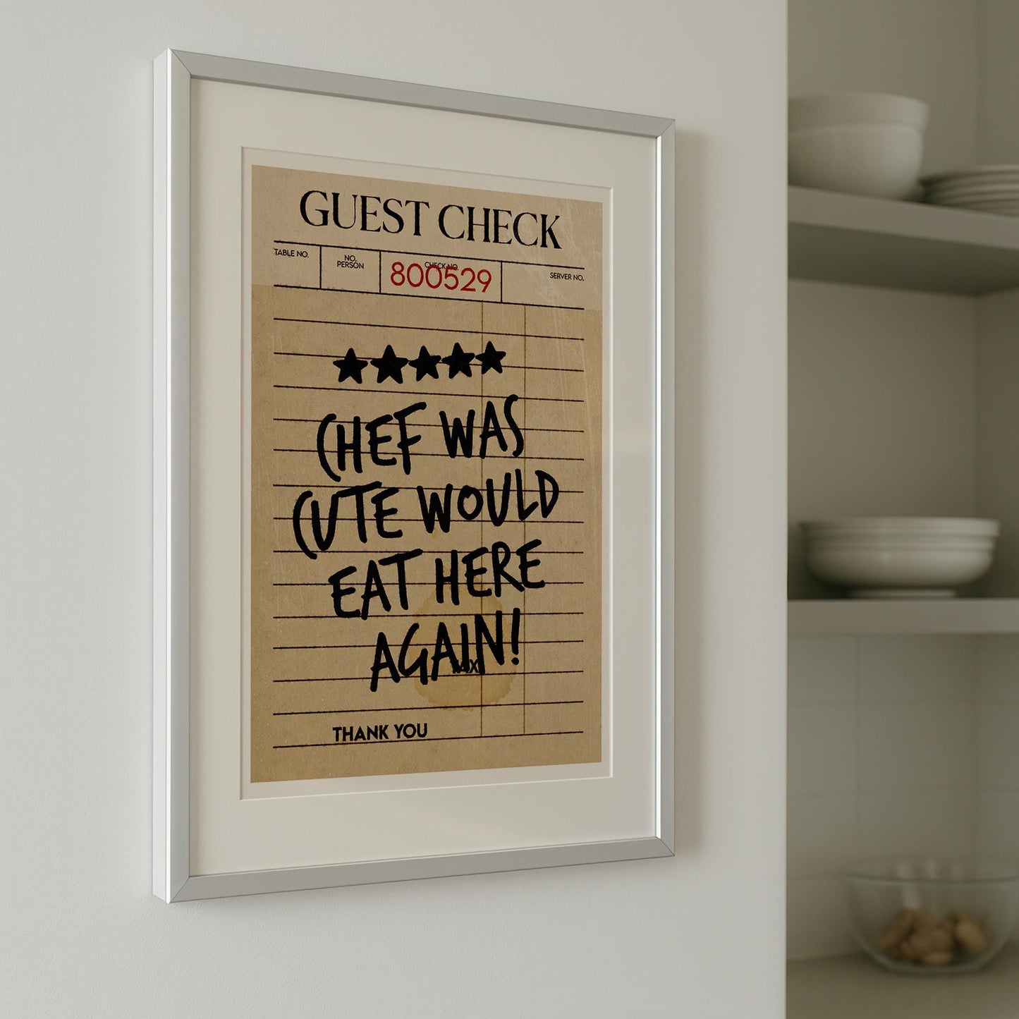 Chef Was Cute Would Eat Here Again Wall Art, Guest Check Print, Food Review Kitchen Art, Kitchen Wall Art, Bar Cart Art