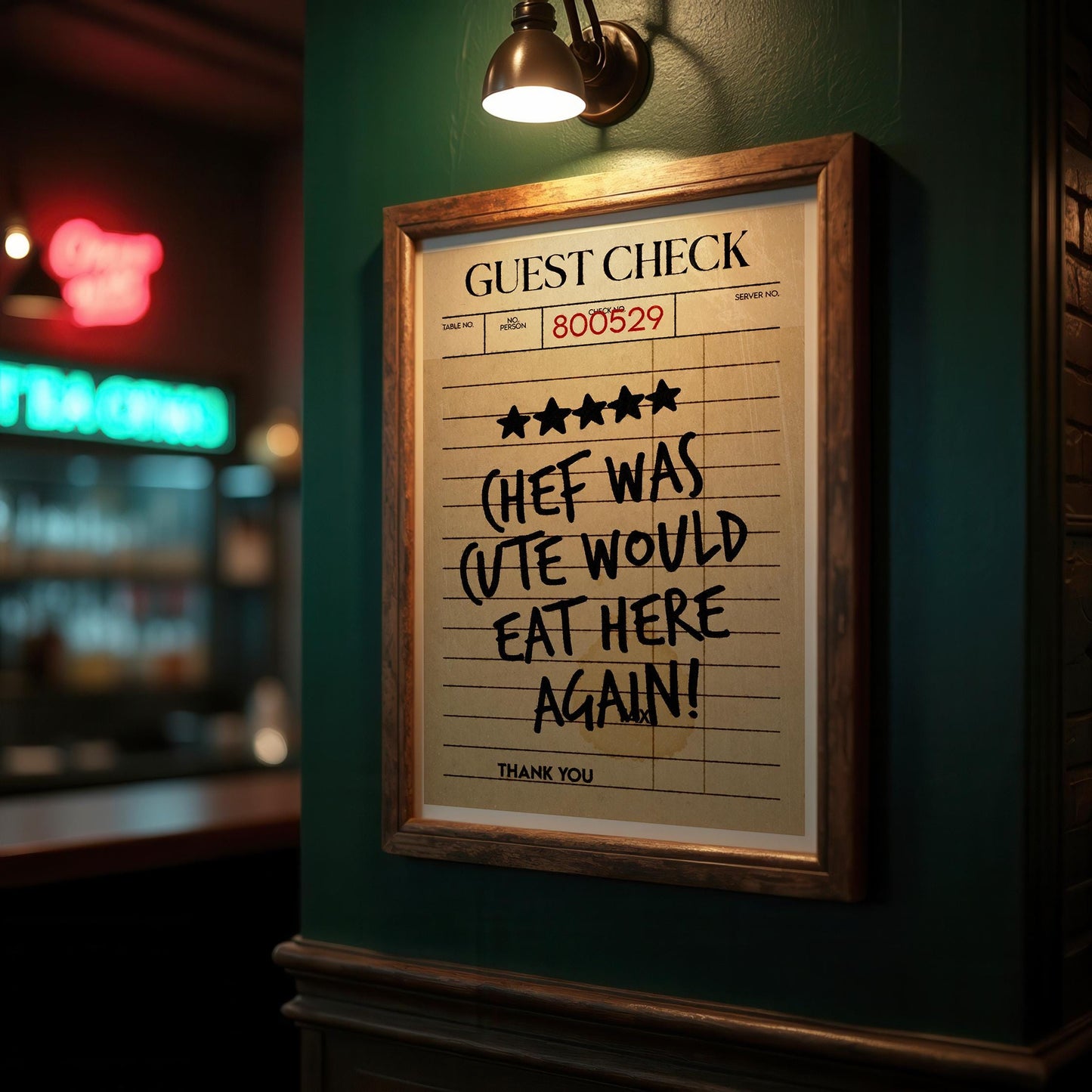 Chef Was Cute Would Eat Here Again Wall Art, Guest Check Print, Food Review Kitchen Art, Kitchen Wall Art, Bar Cart Art
