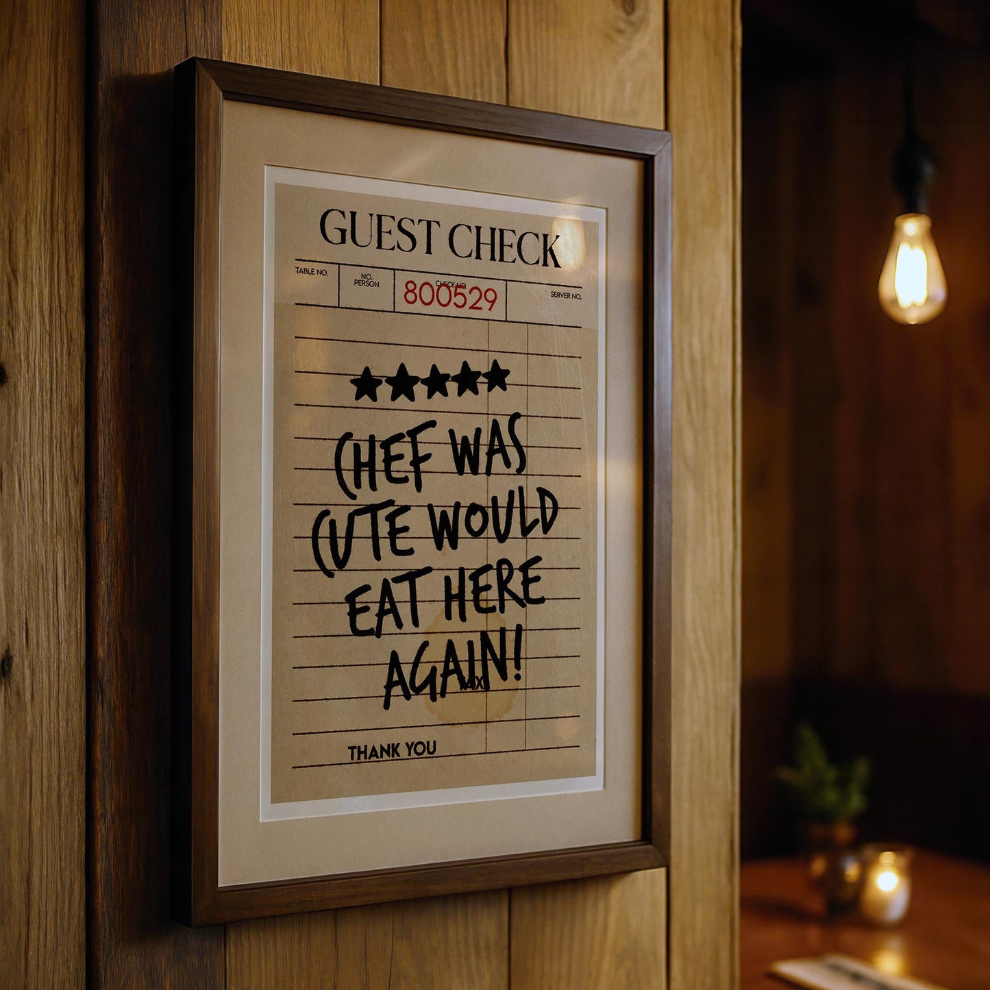Chef Was Cute Would Eat Here Again Wall Art, Guest Check Print, Food Review Kitchen Art, Kitchen Wall Art, Bar Cart Art
