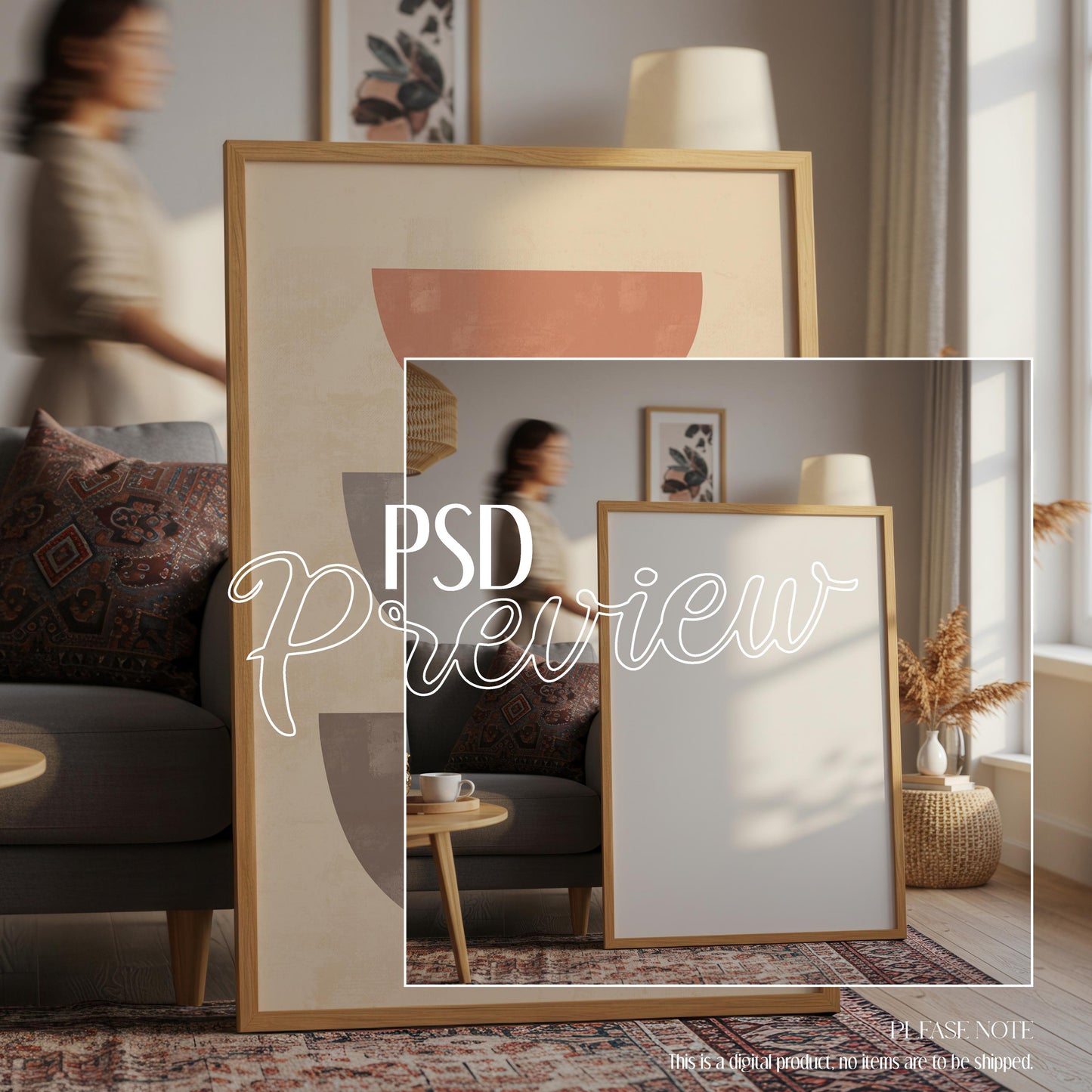 Boho Interior Frame Mockup: Living Room & Dining Room (PSD File, 4096x4096 px)