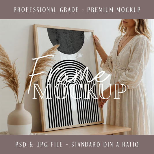 Boho Interior Frame Mockup: Wooden & Glass Frames (PSD Download, 4096x4096 px)