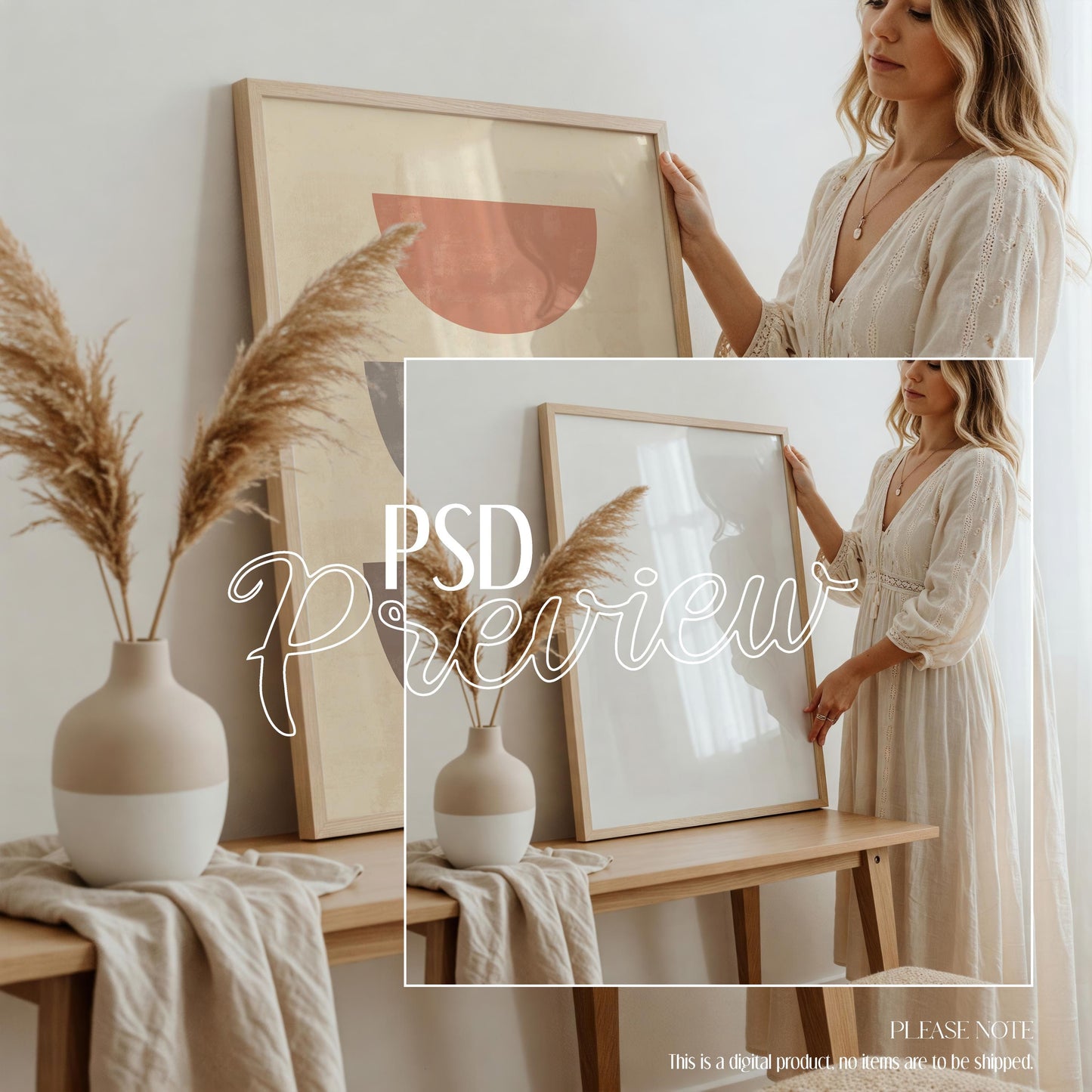 Boho Interior Frame Mockup: Wooden & Glass Frames (PSD Download, 4096x4096 px)