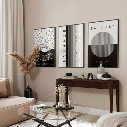 Bauhaus Black & White Wall Art 3 Piece Set Prints | Bauhaus Abstract Minimalist Exhibition Poster