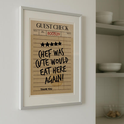 Chef Was Cute Would Eat Here Again Wall Art, Guest Check Print, Food Review Kitchen Art, Kitchen Wall Art, Bar Cart Art