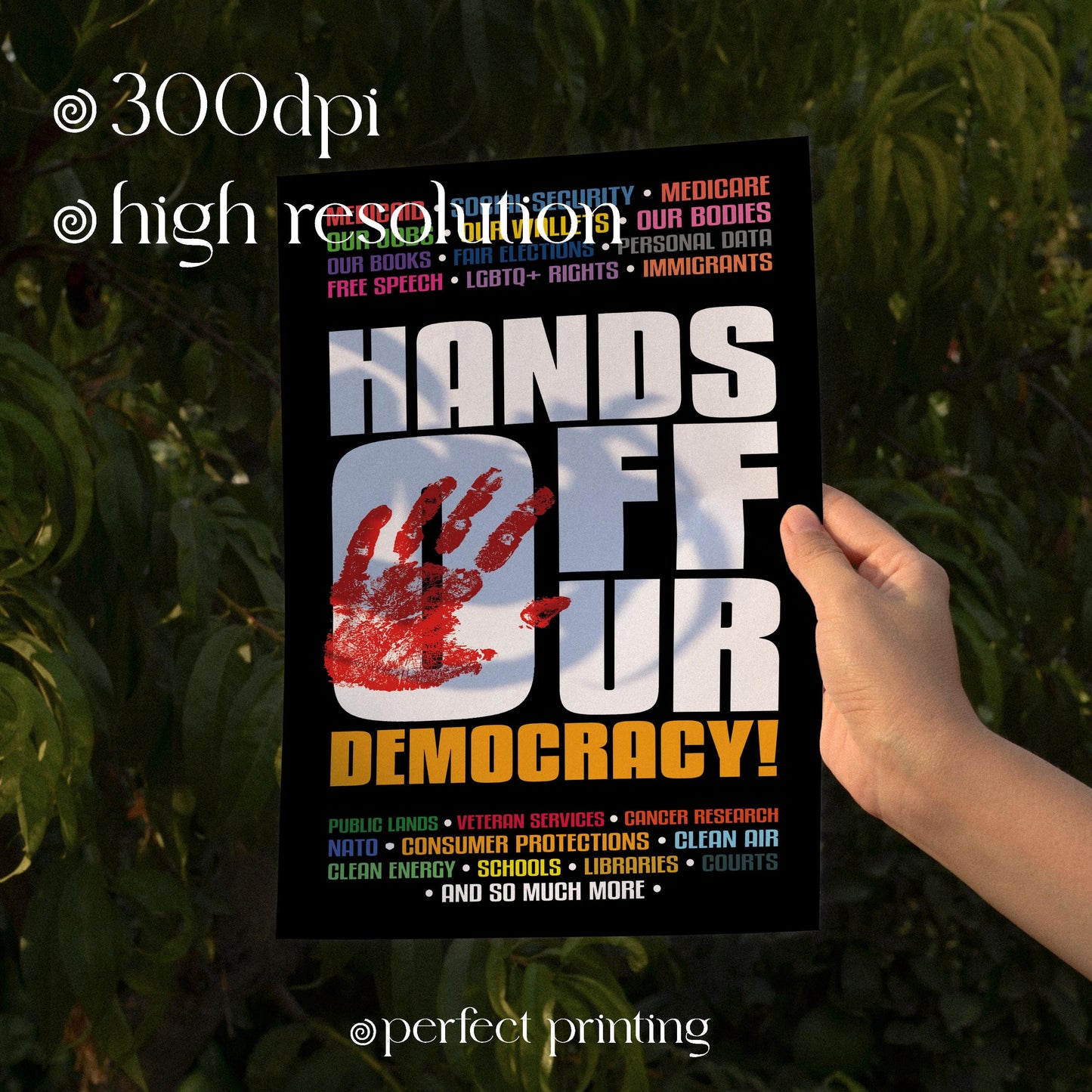 Hands Off Our Democracy Protest Sign: Political Activist Art (Digital Download)